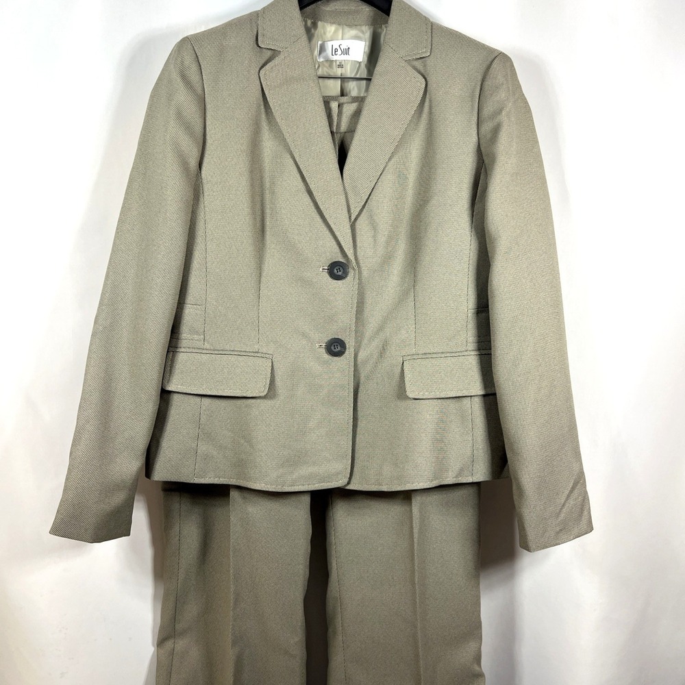 NWOT Le Suit Women's Tan 2-Piece Pant Suit Set Office Career Houndstooth Size 12